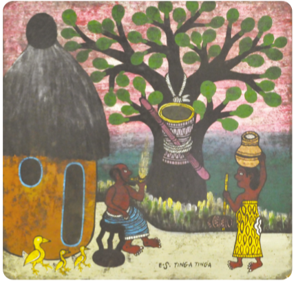 E.S. Tingatinga, 「아내의 늦은 귀가를 걱정하는 남편」, 합판에 유광도료, 61X61cm