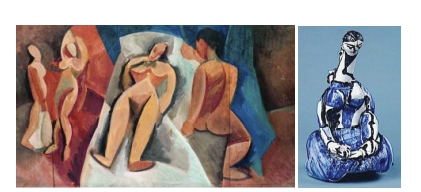 좌측 파블로 피카소 作, ‘인물에 둘러싸여 있는 누드’, 1908, 캔버스에 유채. 우측 파블로 피카소 作, ‘무릎 꿇은 여인 술병’.사진제공=비채아트뮤지엄 ⓒ2021-Sucession Pablo Picasso -SACK (Korea)