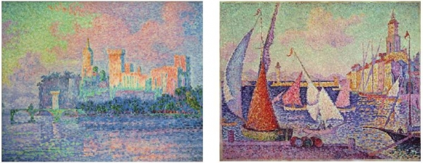 좌측부터 아비뇽의 교황청, 폴 시냐크, 1909 그리고 생 트로페의 항구, 폴 시냐크, 1899. 시냐크의 새로운 화풍이 잘 드러나는 작품들이다. 시냐크는 점묘법뿐만 아니라 풍경화에도 영향을 줬는데, 이 두 작품 역시 풍경화다.