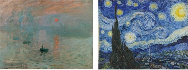 좌측은 인상주의 화가 모네의 '인상, 해돋이', 우측은 후기 인상주의 화가 고흐의 '별이 빛나는 밤'이다. 작품에 녹이고자 한 대상이 다르기에 보는 방법도 다르다.