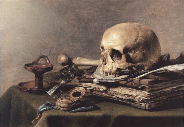 피테르 클레즈, '바니타스 정물화', 1630. ‘바니타스’는 허무, 허영을 뜻한다. 바니타스 정물화라고 명명할 때는 해골, 책, 등을 통해 ‘죽음을 기억하라(memento mori)’는 보다 직설적인 메시지를 드러낸다.
