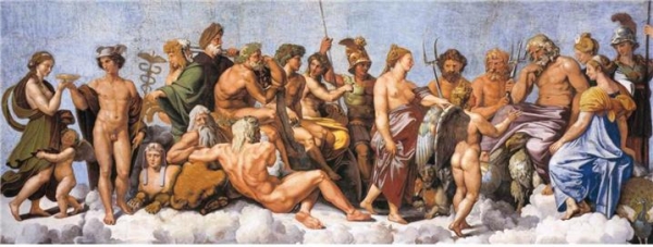 「신들의 회의」, 라파엘로 산치오, 1517. 그리스·로마 신화에 나오는 12신의 모습을 찾을 수 있다.