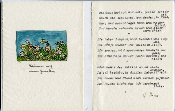 헤르만 헤세가 지은 한 편의 시 옆에 직접 그린 조그마한 수채화가 눈에 띈다. 그는 종종 엽서와 편지에도 그림을 그려넣곤 했다. 사진출처 네이버 지식백과