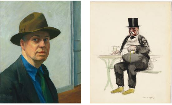 좌측은 에드워드 호퍼의 '자화상', 우측은 '카페에서'다. 호퍼는 파리지앵을 관찰하며 수채화 캐리커쳐를 그렸다. 사진제공 서울시립미술관